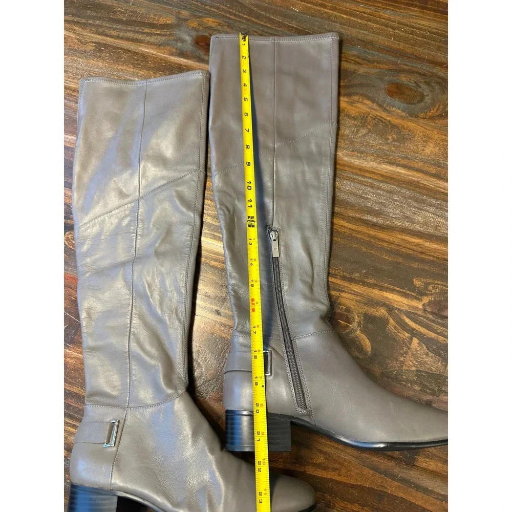 H by Halston Karlie Grey Leather Over the Knee Tall Block Heel Boots‎ 6M